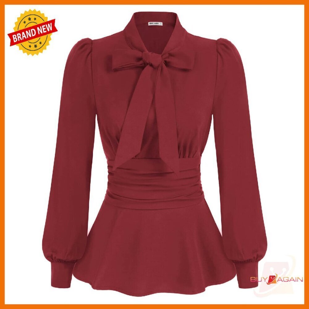 Long Sleeve Peplum Blouse Smocked Waist Bow Tie Office Work Top